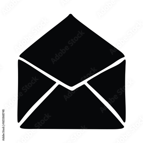 Black and white minimalist open envelope, communication, digital age icon, shape