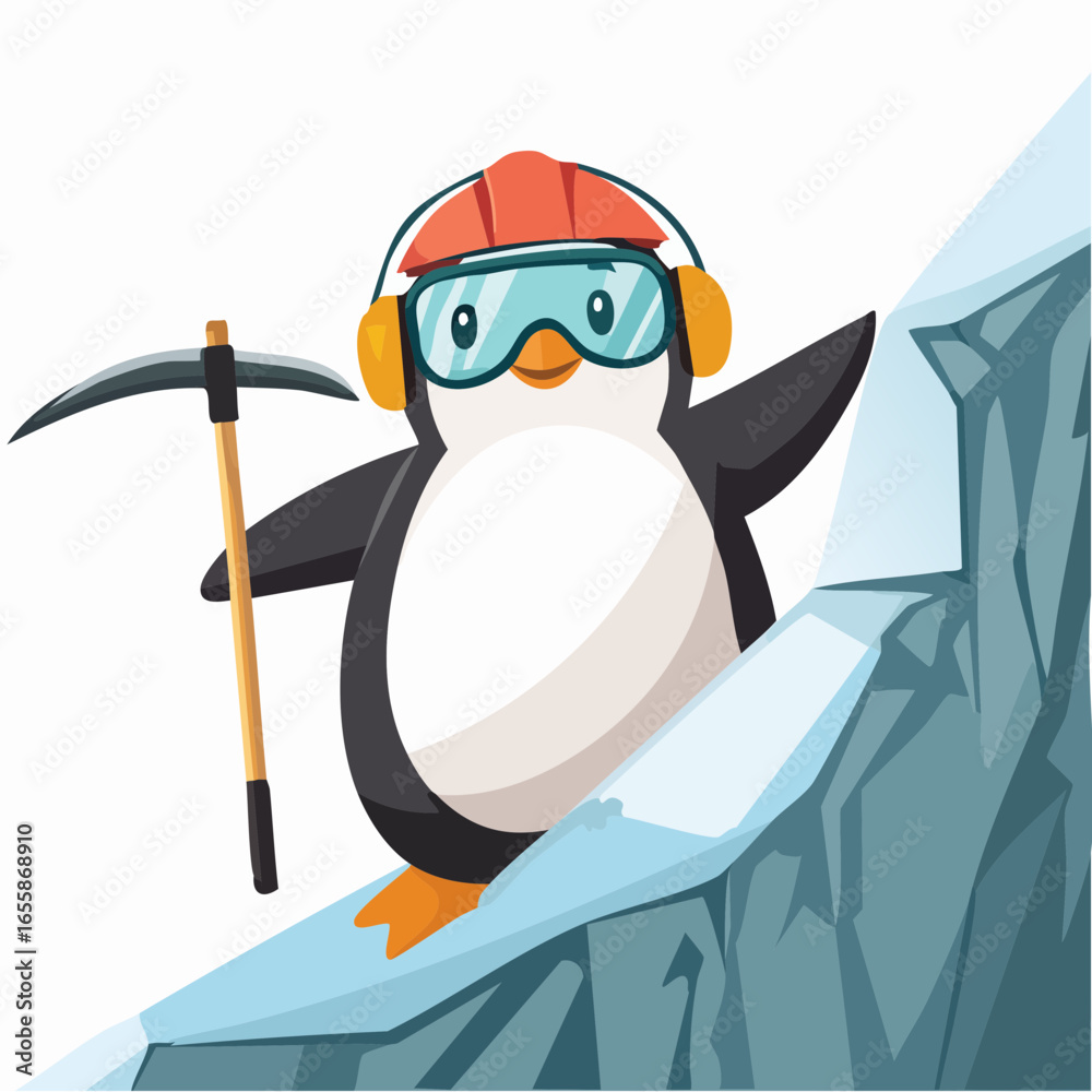 Obraz premium Cute penguin explorer wearing safety gear climbing icy mountain with pickaxe in cartoon style design