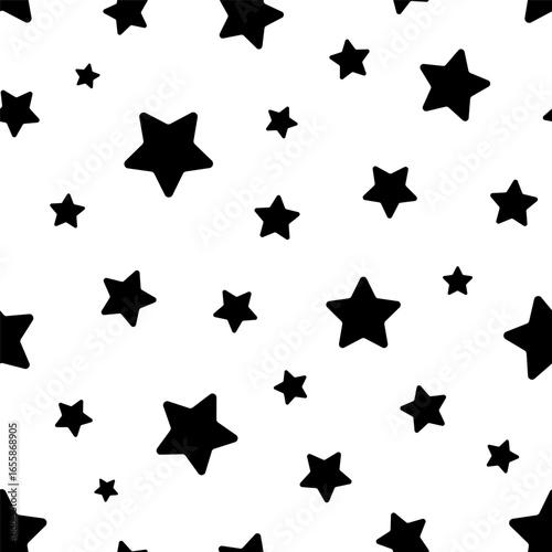 Star seamless pattern. Repeating big, small black stars isolated on white background. Design print. Repeated starry texture. Сute shape prints. Repeat bling graphic. Spark patern. Vector illustration