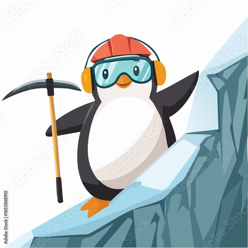 Cute penguin explorer wearing safety gear climbing icy mountain with pickaxe in cartoon style design