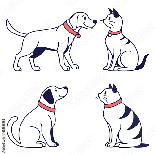 Adorable line art illustration of dogs and cats with collars in various poses showcasing friendship and companionship between domestic pets