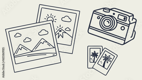 Vintage camera and photo prints vector illustration for photography and memories themed designs and artwork