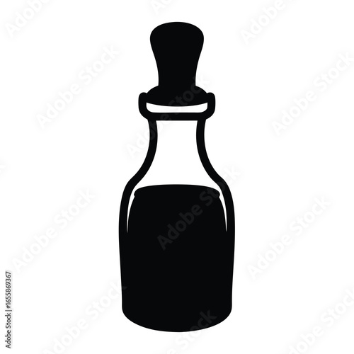 Minimalist illustration of a black potion bottle with a bulbous cork