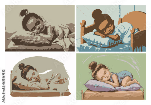 Illustrations of a young girl sleeping peacefully in bed, dreaming sweet dreams