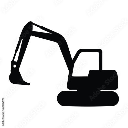 Black silhouette of a construction excavator digging machine isolated on white