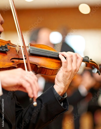 Violinist playing a violin in a concert hall