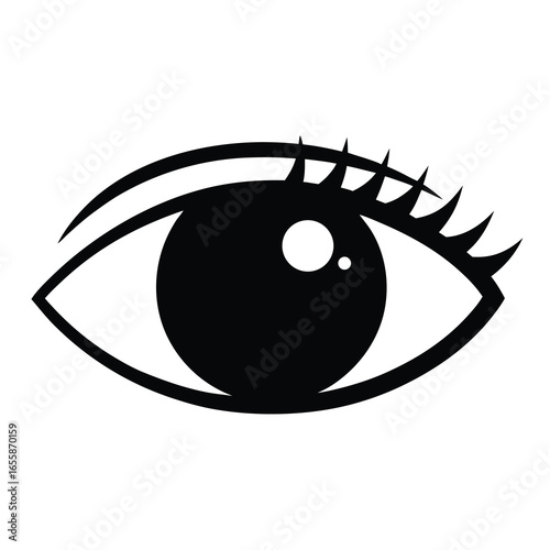 Stylized graphic illustration of a human eye with defined eyelashes and eyebrow