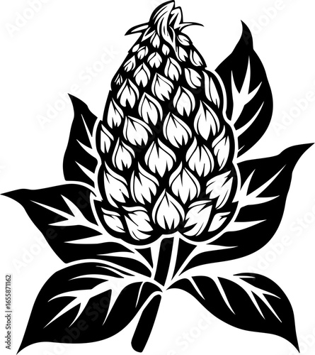 Stylized hop cone with leaves, a bold black and white botanical design
