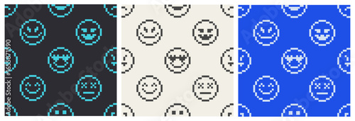 Set of seamless patterns with 8-bit emoji. Prints with pixelated smiley. Various emotions in 8-bit style. Brutalism design, y2k aesthetics.