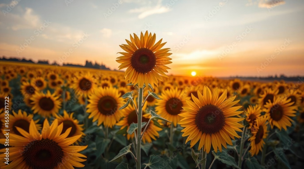 Obraz premium Sunflower field at sunset golden light illuminates the many blossoms