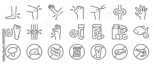 Gout icon set. It included sick, disease, patient, orthopedic, and more icons. Editable Vector Stroke.
