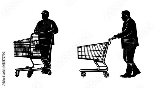 set of silhouettes of people pushing shopping carts, isolated background