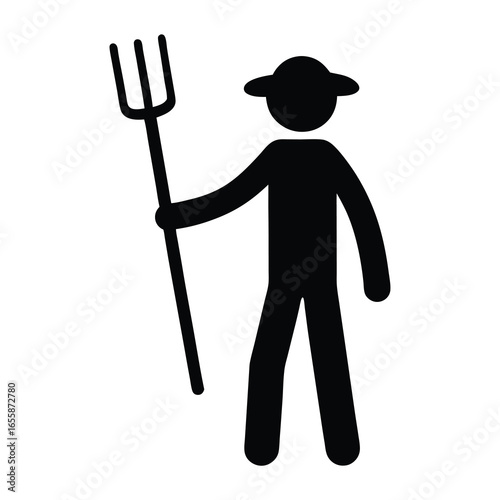 Stylized farmer holding a pitchfork in black and white silhouette format