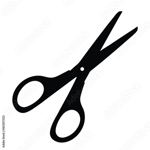 Black silhouette of an open pair of scissors against a  