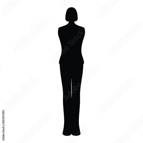 Silhouette of a woman wearing a jacket and pants standing on white