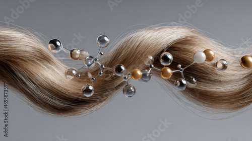 Abstract representation of hair structure with molecular bonds shows the science of hair care and restoration.