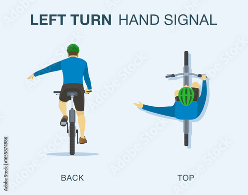 Safe driving tips and traffic regulation rules. Isolated cyclist showing left turn hand signal. Back and top view. Flat vector illustration template.