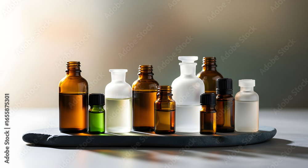 Collection of essential oil bottles arranged neatly on a table, symbolizing wellness and relaxation.