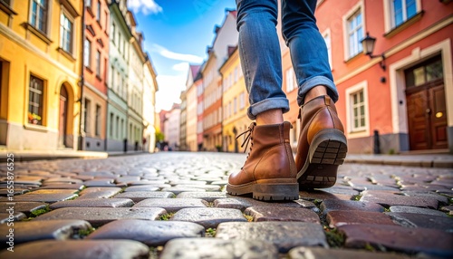 First-person perspective of walking in boots on a cobblestone road through a historic European city with colorful buildings.