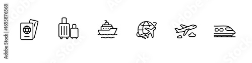 set of ravel icon for passport , suitcase , plan , air plan , world map , train , ship vector illustration 