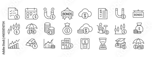 set of financial icon and editable stock for bond , euro , dollar , atm , bank , time ,  gold , magnate vector illustration 