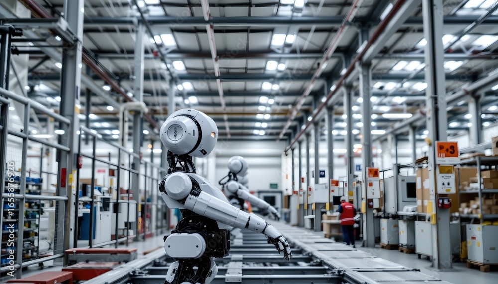 Fototapeta premium Industrial robot operating in a modern factory automation industrial setting indoor close-up view streamlined efficiency