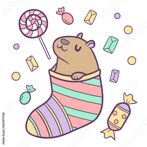 Cute Shy Capybara, accessorized with snuggled in a sock, in a Birthday world – Candy Shop palette vector