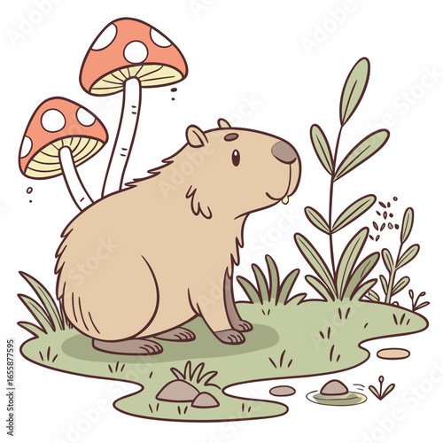Delightful Mischievous Capybara in a Fairy forest scene with splashing in puddles – Whimsy Woods vector illustration