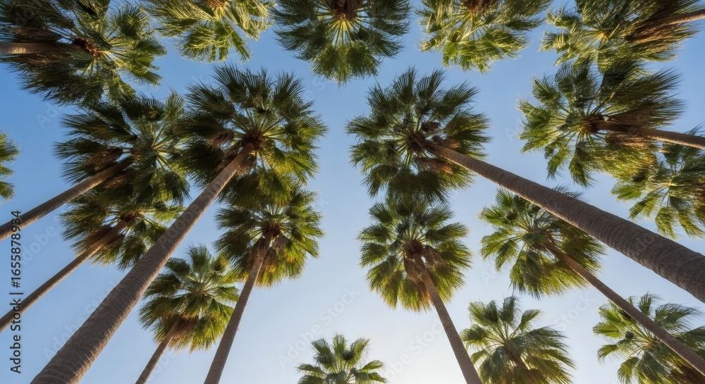 Fototapeta premium View looking up through palm trees toward a clear blue sky