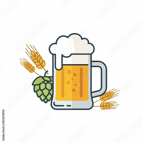 An illustration of a frothy beer mug accompanied by golden wheat ears and a green hop cone, symbolizing brewing ingredients.