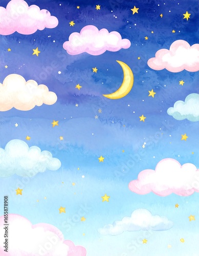 Watercolor night sky with clouds and stars.  Cute, dreamy