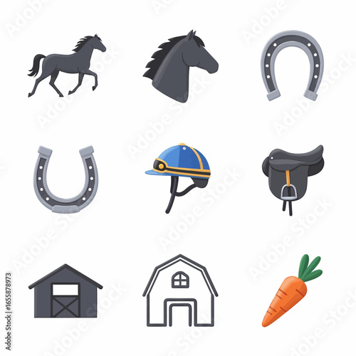 A collection of equestrian-themed icons featuring a horse, horseshoe, helmet, saddle, barn, and carrot, arranged on a white background.