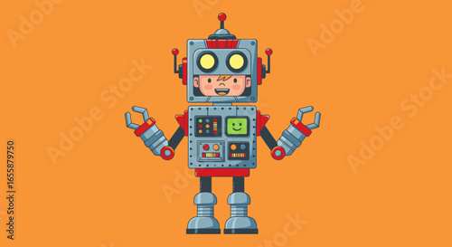 Charming Cartoon Robot Character with Interactive Features and Playful Expression on Bright Orange Background Perfect for Children's Products, Educational Materials, and Creative Design Projects