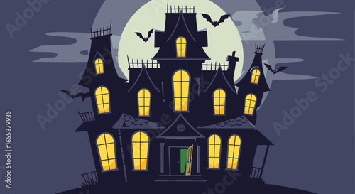 Creepy Haunted House Silhouette on a Full Moon Night with Bats Flying Around, Perfect for Halloween Decorations, Spooky Events, and Seasonal Marketing Campaigns Aimed at Frights and Fun