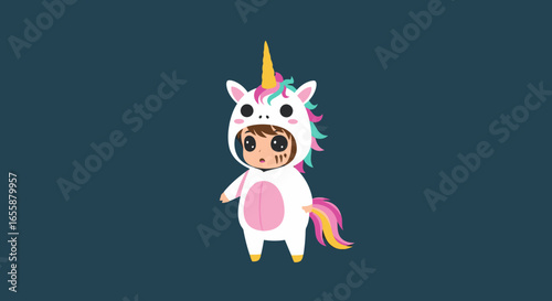 Cute Cartoon Child in Unicorn Costume with Colorful Mane and Horn, Perfect for Children's Party Invitations, Nurseries, and Fantasy-Themed Decorations for Joyful Celebrations