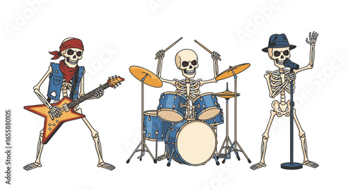 Energetic Skeleton Band Playing Rock Music with Electric Guitar, Drums, and Vocals Perfect for Halloween Celebrations, Music Events, or Fun Merchandise Designs