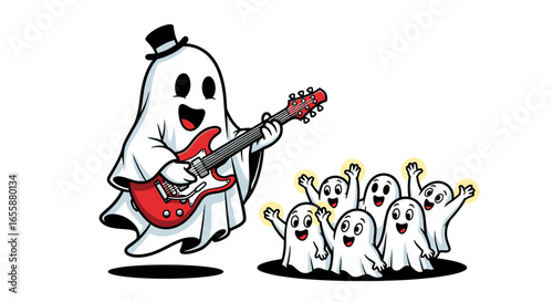 Festive Ghost Band Performing for Joyful Spectators, Whimsical Cartoon Style Illustration Featuring a Ghost Guitarist and Appearing Cheerful Haunted Characters in a Playful Halloween Scene