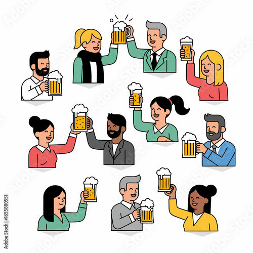 A diverse group of smiling people, both men and women, raising glasses of frothy beer in a celebratory toast, depicted in a flat, colorful illustration style.