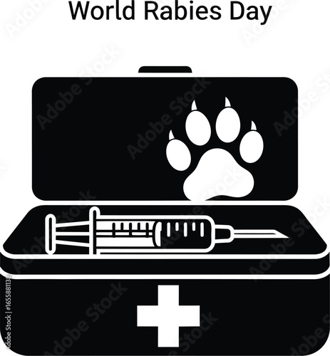 World rabies day illustration featuring a syringe and paw print inside a medical kit