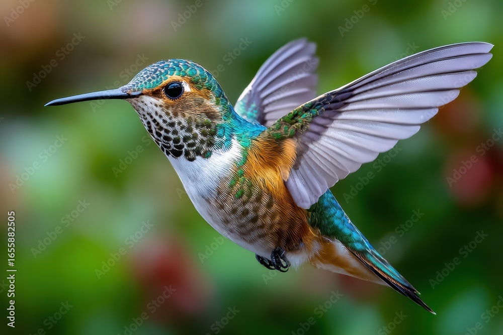 Colorful hummingbird hovering in a garden filled with flowers during the afternoon Colorful hummingbird hovering in a garden filled with flowers during the afternoon