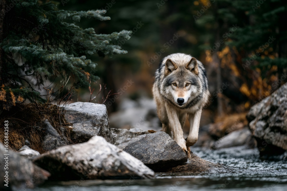 Fototapeta premium Gray wolf crossing rocky stream, wilderness terrain surrounding dense forest landscape with rugged natural environment