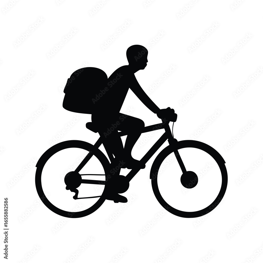 Obraz premium Black silhouette of a man riding a bicycle with delivery bag