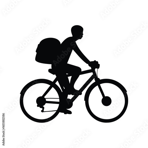 Black silhouette of a man riding a bicycle with delivery bag