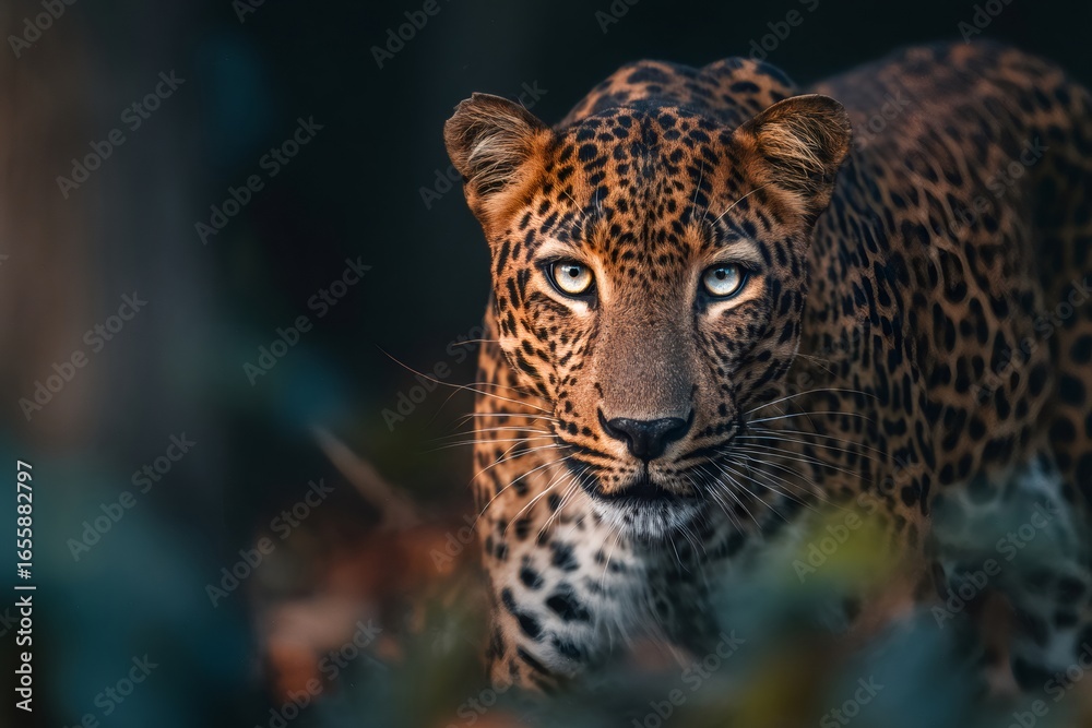Obraz premium Intense close up of a leopard emerging from the forest, its piercing gaze captivating the viewer