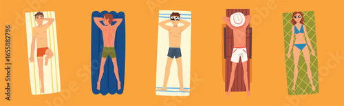 Man and Woman Sunbathing on Sandy Beach Lying on Blanket Top View Vector Set