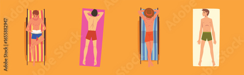 Man Sunbathing on Sandy Beach Lying on Blanket Top View Vector Set