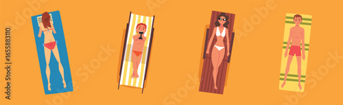 Man and Woman Sunbathing on Sandy Beach Lying on Blanket Top View Vector Set