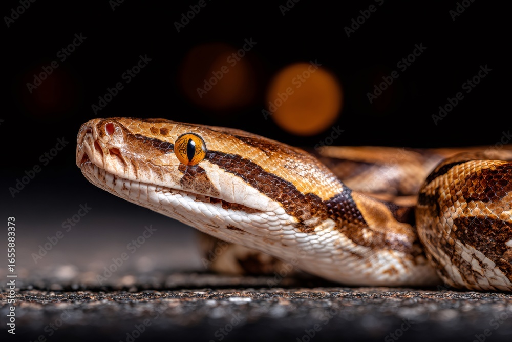 Obraz premium Royal python slithering across dark asphalt, city lights blurring nighttime urban landscape