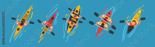 Man Rafting and Kayaking on Inflatable Boat with Paddle or Oar Above View Vector Set