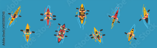 Man Rafting and Kayaking on Inflatable Boat with Paddle or Oar Above View Vector Set